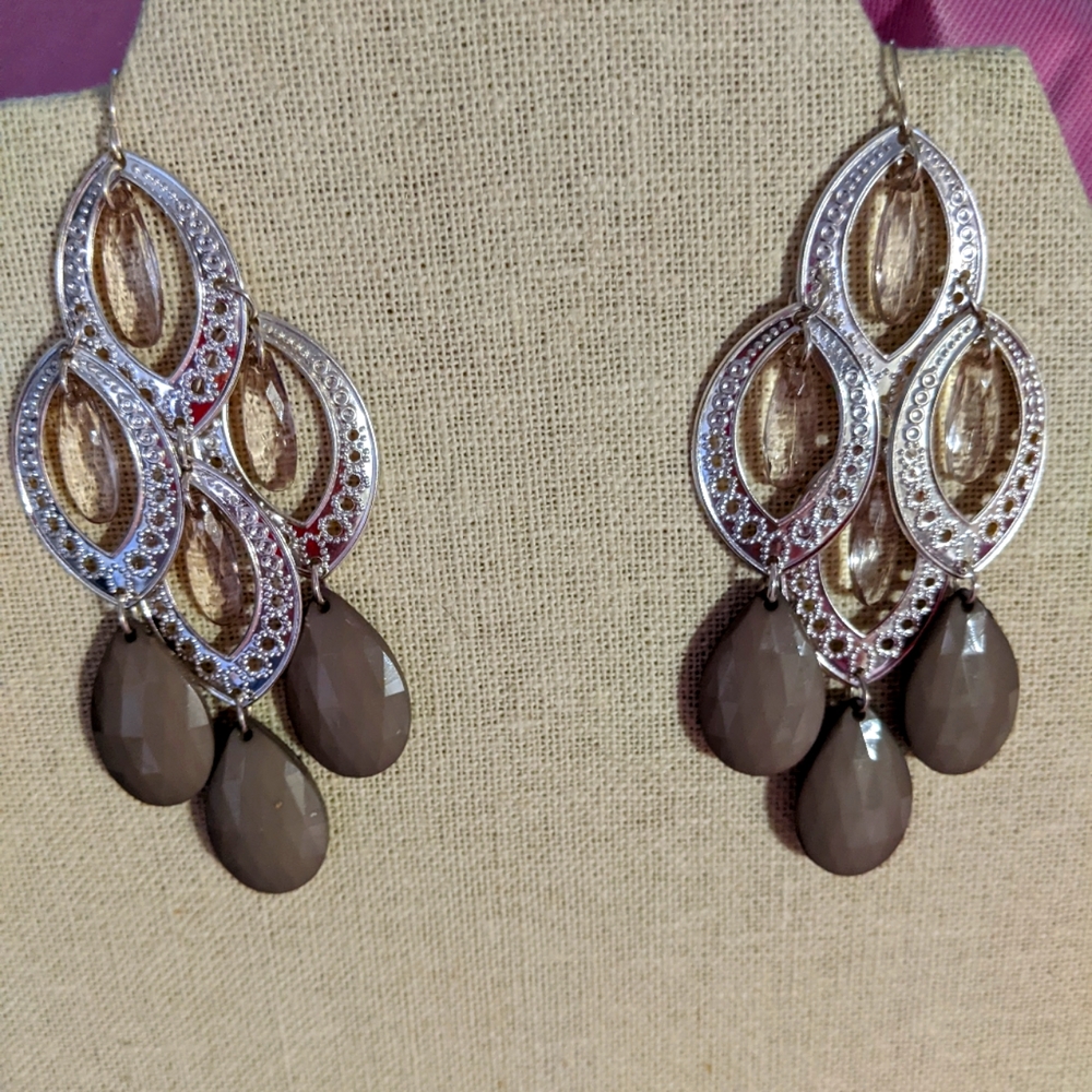 Taupe and Silver Tone Chandelier Earrings